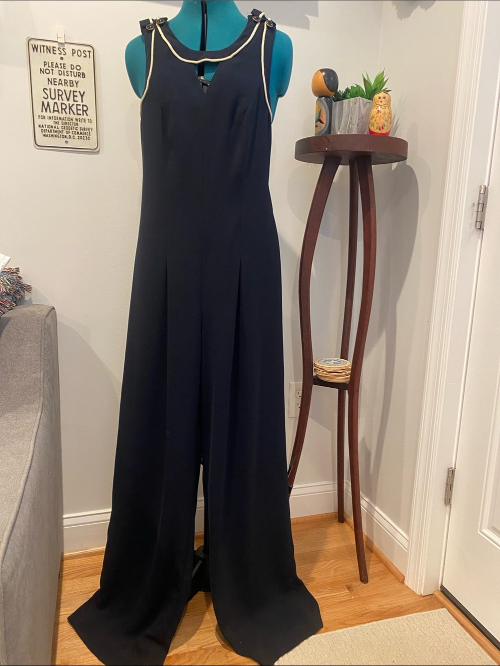 Anthropologie Navy Jumpsuit with Rope-Trim Neckline Accents